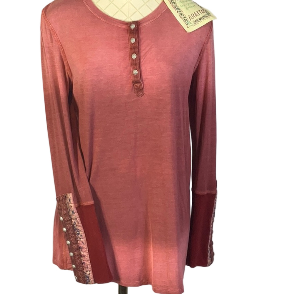 Aratta Rose Embellished Long Sleeve Henley Red Ombré Tunic Top Size Small